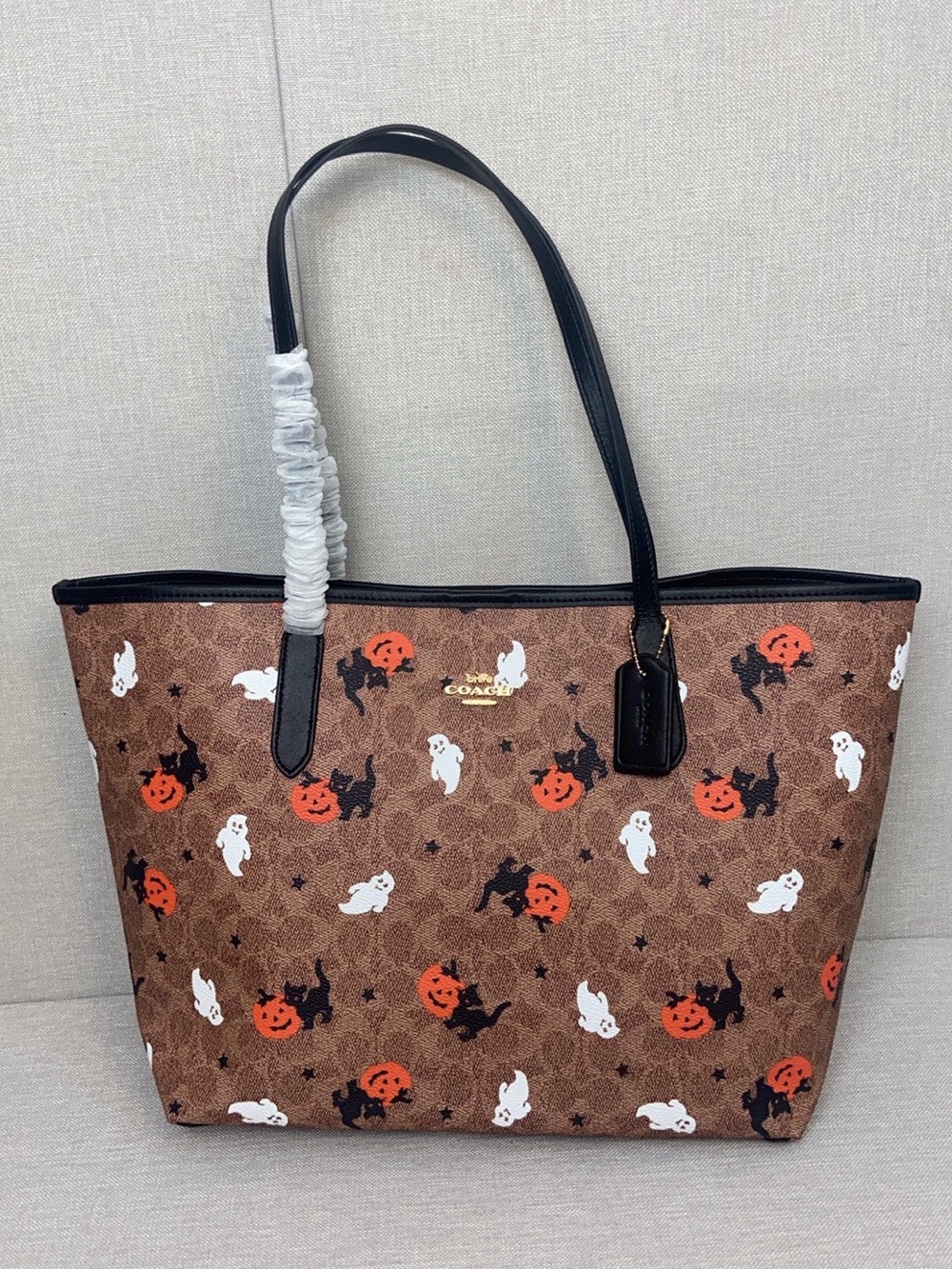 Coach Brown Halloween Print Tote with Black Straps